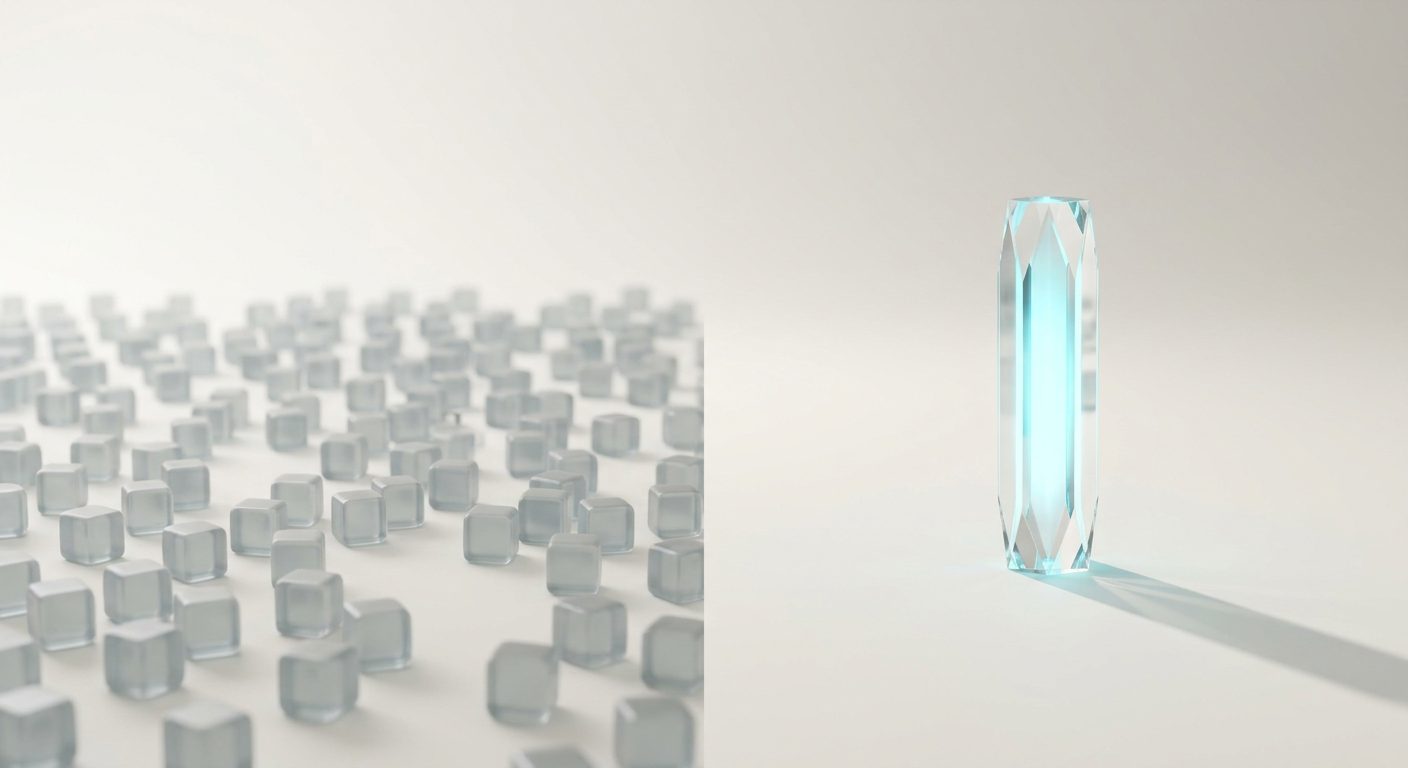A wide, shallow field of hundreds of small identical frosted glass cubes on the left, out of focus; on the right a single tall faceted crystal column, sharply in focus and lit from within with a cyan glow.