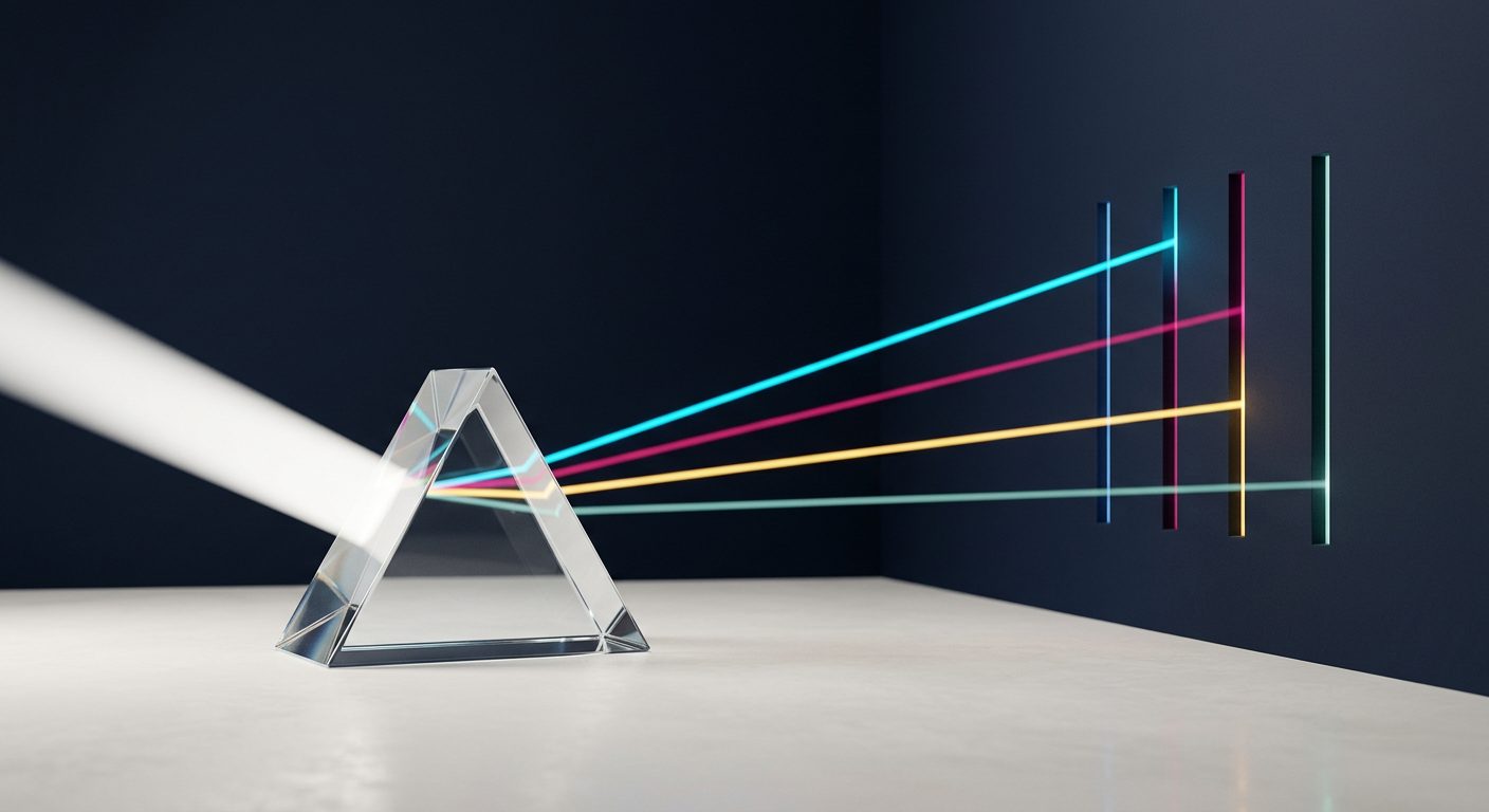 A single wide beam of white light enters a glass prism and emerges as four narrow, precisely separated beams — cyan, magenta, yellow and teal — each travelling into its own slot in a dark navy wall.